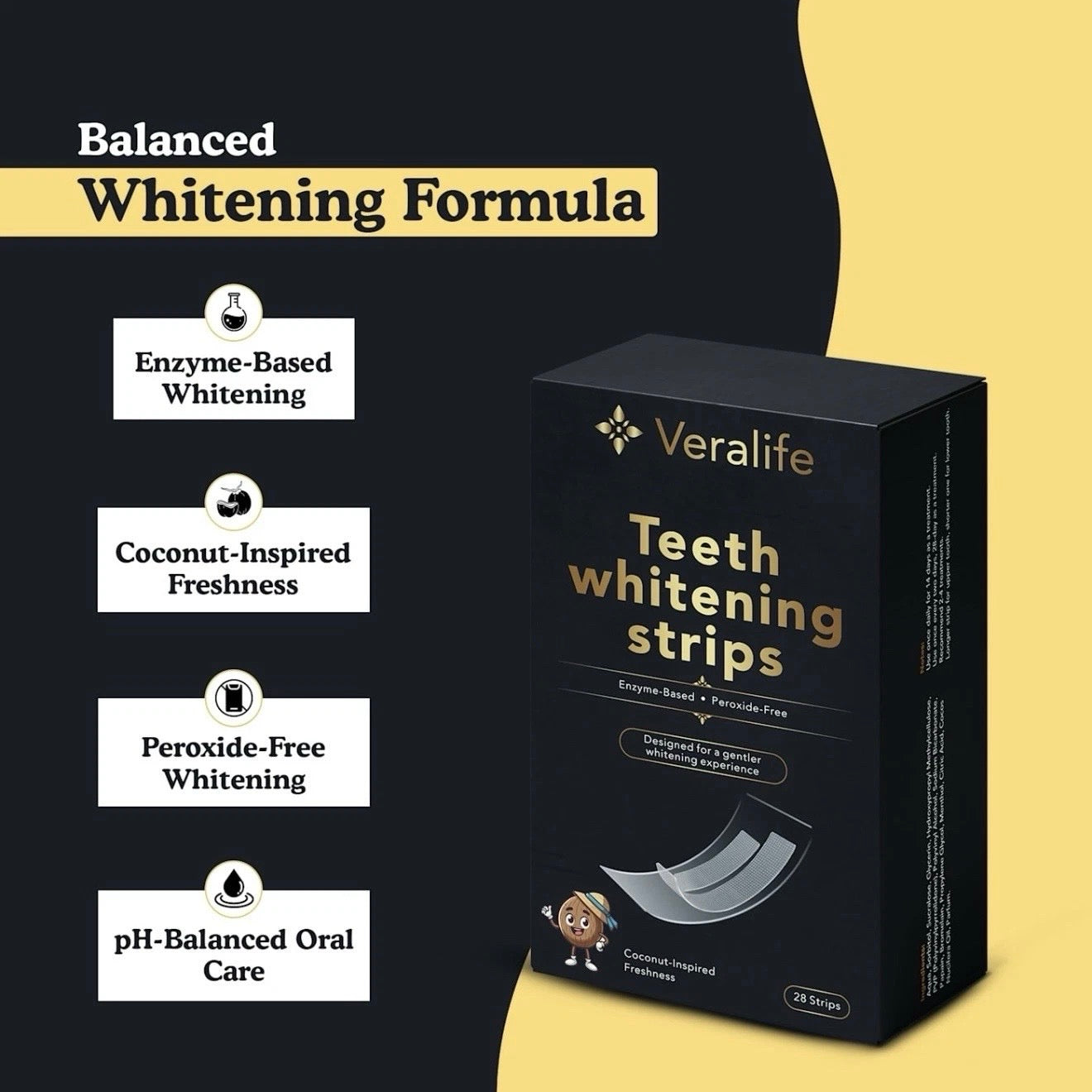 VeraLife Cocunut-freshness Teeth Whitening Strips • Peroxide-Free • Enzyme Based • Gentle on Sensitive Teeth (28 Strips)